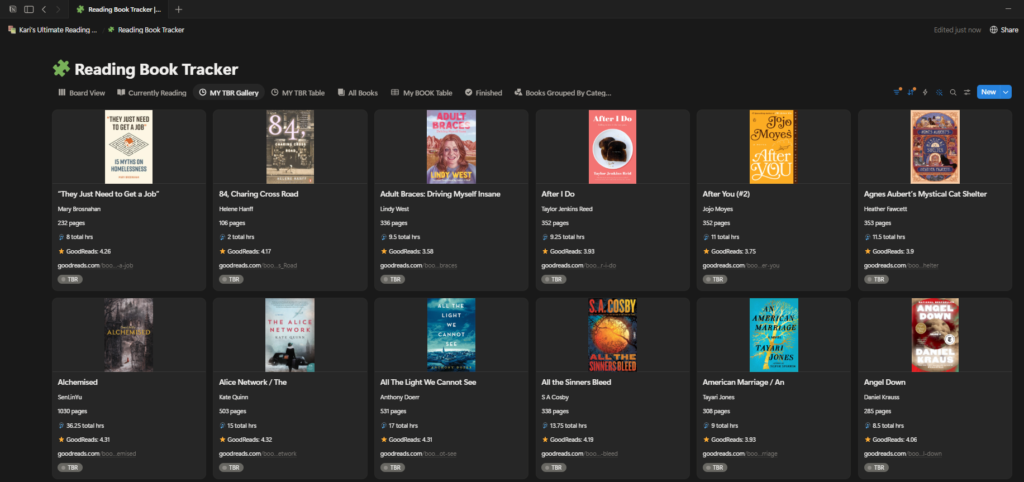 My Notion Reading Book Tracker showing book covers, audiobook hours, ratings, and TBR status.