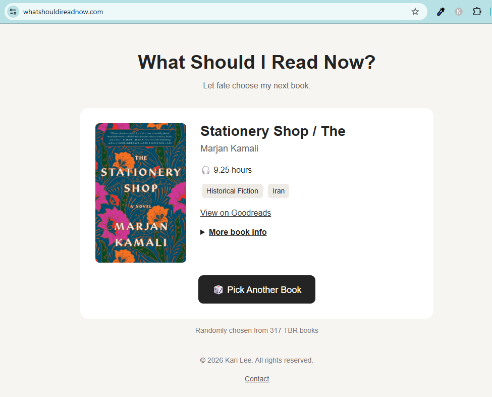 A simple personal random book picker website showing a random TBR selection with cover, author, audiobook length, and categories.