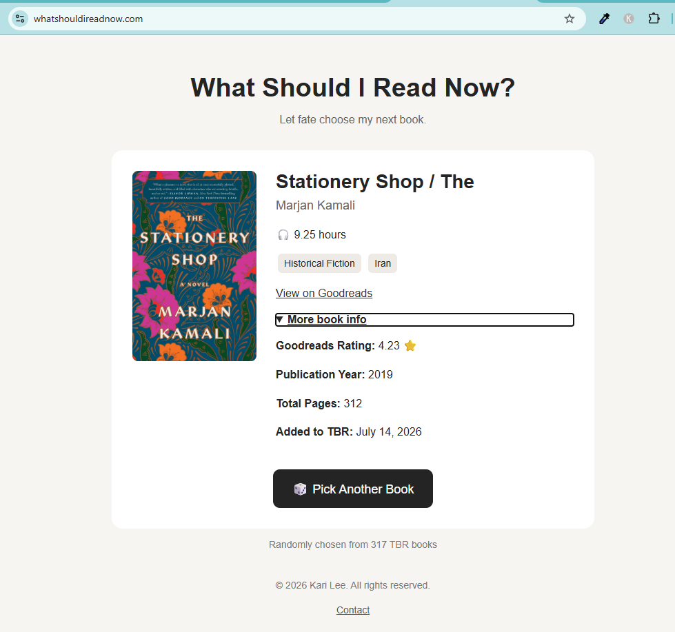 Expanded book details in a personal random TBR picker, including Goodreads rating, publication year, and total pages.